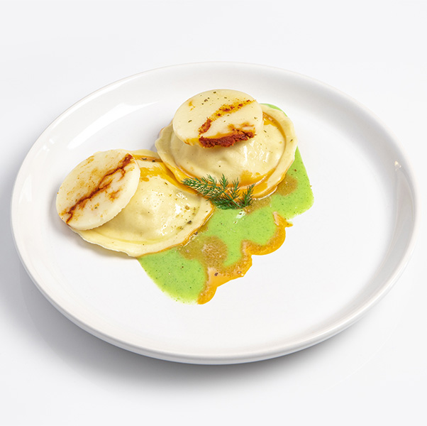 Product - Ravioli di gamberi con zucchine, cipolle bionde e Fiore Dolce Piccante.